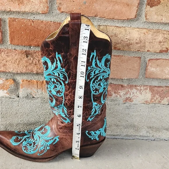 Corral brown with aqua design cowboy boots. Size 10M - Picture 13 of 13